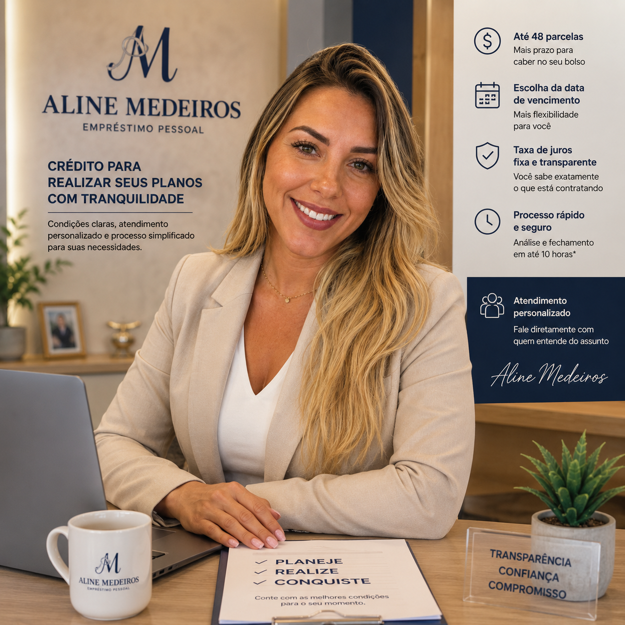 Aline Medeiros Empréstimo Pessoal — crédito para realizar seus planos com tranquilidade. Até 48 parcelas, escolha da data de vencimento, taxa de juros fixa e transparente, processo rápido e seguro, atendimento personalizado.